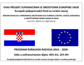 REKONSTRUKCIJA I OPREMANJE DRUŠTVENO KULTURNOG CENTRA I DJEČJE IGRAONICE U DRUŠTVENOM DOMU NASELJA RAJIĆ
