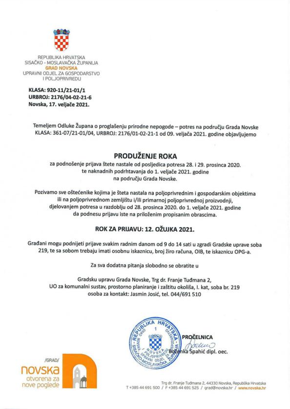 PRODUŽENJE ROKA za podnošenje prijava štete nastale od posljedica potresa 28. i 29. prosinca 2020. 